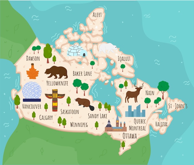 Vetor mapa ilustrado do canadá com marcos canadenses de desenho animado