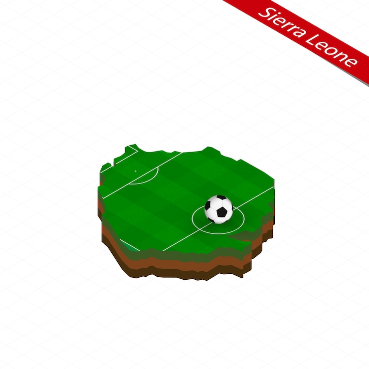 Vetor mapa isométrico da serra leoa com campo de futebol bola de futebol no centro do campo de futebol ilustração vetorial de futebol
