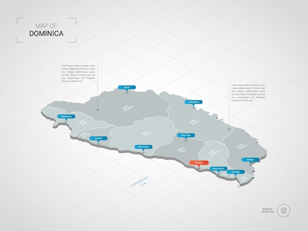 Vetor mapa isométrico de dominica. ilustração de mapa estilizado com cidades, fronteiras, capitais, divisões administrativas e marcas indicadoras; fundo gradiente com grade.