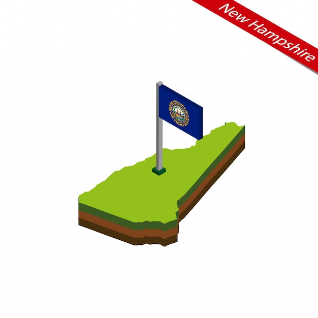 Mapa isométrico de New Hampshire e ilustração vetorial de bandeira