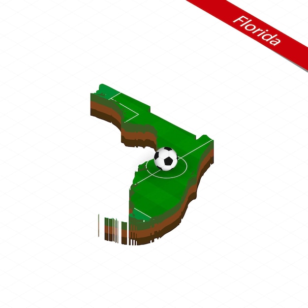 Mapa isométrico do estado americano da flórida com campo de futebol bola de futebol no centro do campo de futebol ilustração vetorial de futebol