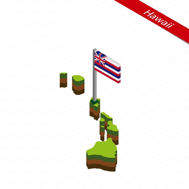 Mapa isométrico do havaí e ilustração vetorial de bandeira