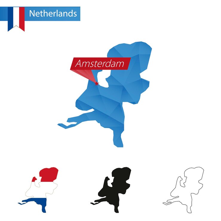Vetor mapa low poly azul da holanda com capital amsterdã