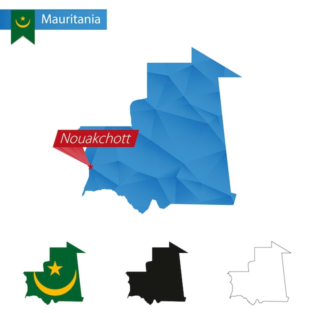 Mapa low poly azul da mauritânia com capital nouakchott