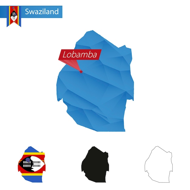 Mapa low poly azul da suazilândia com capital lobamba