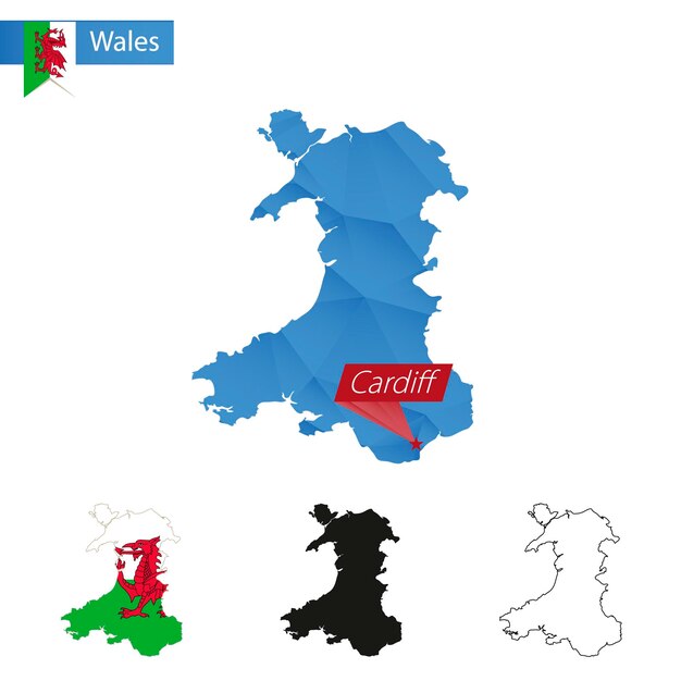 Mapa low poly azul do país de gales com capital cardiff