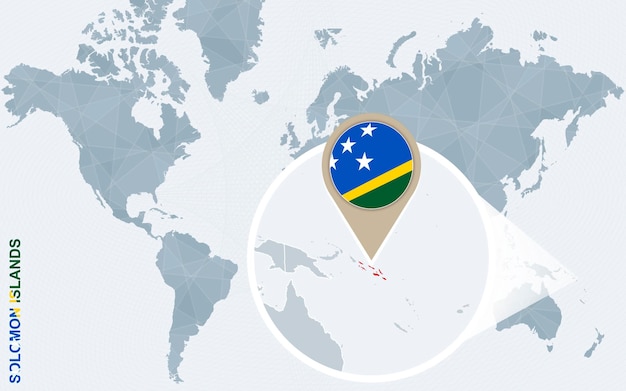 Mapa-múndi abstrato azul com a bandeira das ilhas salomão ampliada e o mapa ilustração vetorial