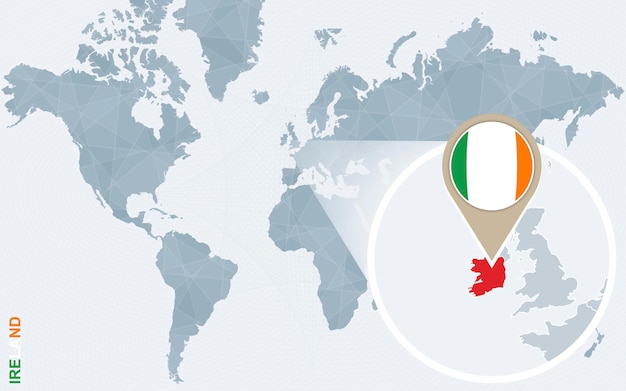 Mapa-múndi abstrato azul com ampliada bandeira da irlanda irlanda e mapa ilustração vetorial
