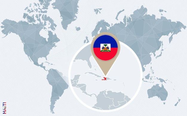 Mapa-múndi abstrato azul com bandeira ampliada do haiti haiti e mapa ilustração vetorial