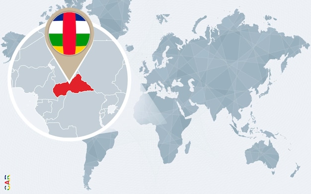 Mapa-múndi abstrato azul com bandeira de carro da república centro-africana ampliada e mapa ilustração vetorial