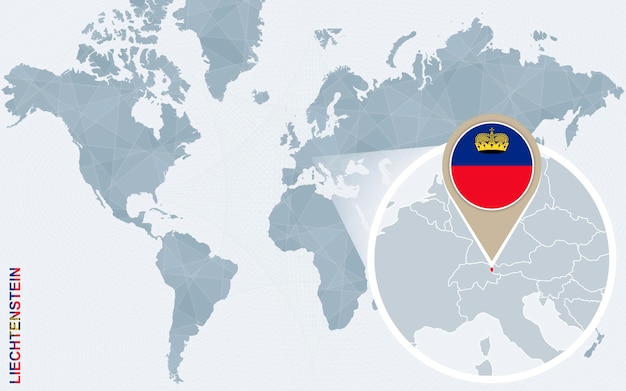 Mapa-múndi abstrato azul com bandeira de liechtenstein ampliada e mapa ilustração vetorial