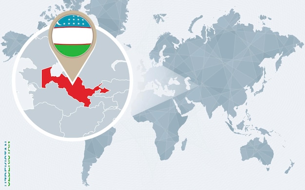 Mapa-múndi abstrato azul com bandeira do uzbequistão e mapa do uzbequistão ampliadas ilustração vetorial