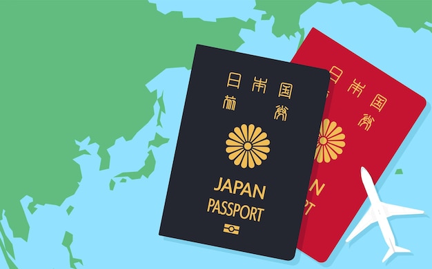 Mapa-múndi ao redor do japão passaporte japonês e modelo de avião passaporte geral azul escuro e vermelho passaporte japonês de tradução