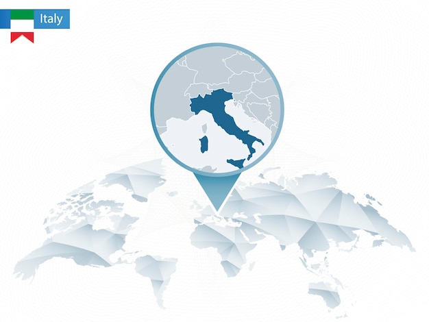 Mapa-múndi arredondado abstrato com mapa de itália detalhado fixado. mapa e bandeira da itália. ilustração vetorial.