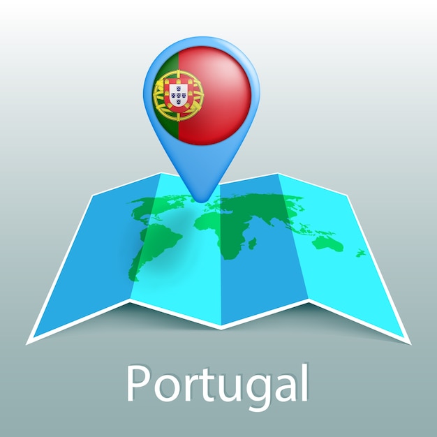 Vetor mapa-múndi com bandeira de portugal no alfinete com o nome do país em fundo cinza