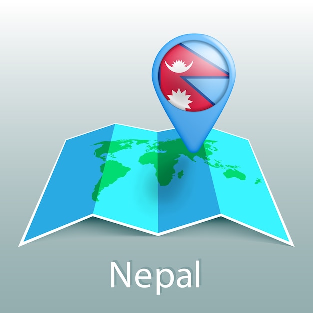 Vetor mapa-múndi com bandeira do nepal em um alfinete com o nome do país em fundo cinza