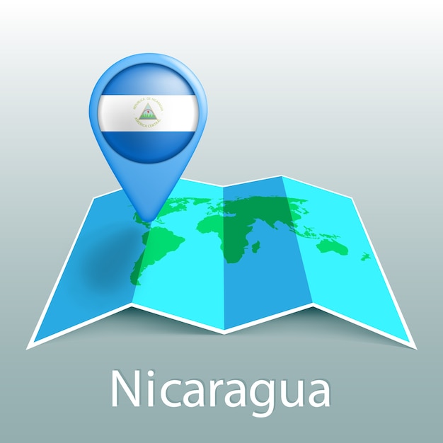 Mapa-múndi da bandeira da nicarágua em um alfinete com o nome do país em fundo cinza