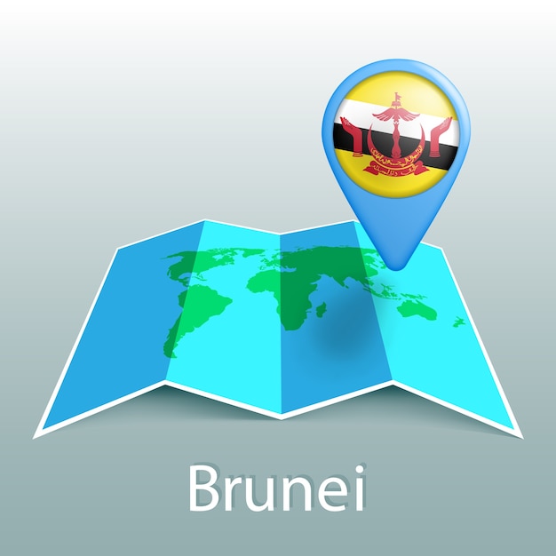 Mapa-múndi da bandeira de brunei em um alfinete com o nome do país em fundo cinza