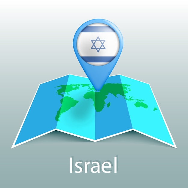 Mapa-múndi da bandeira de israel em um alfinete com o nome do país em fundo cinza