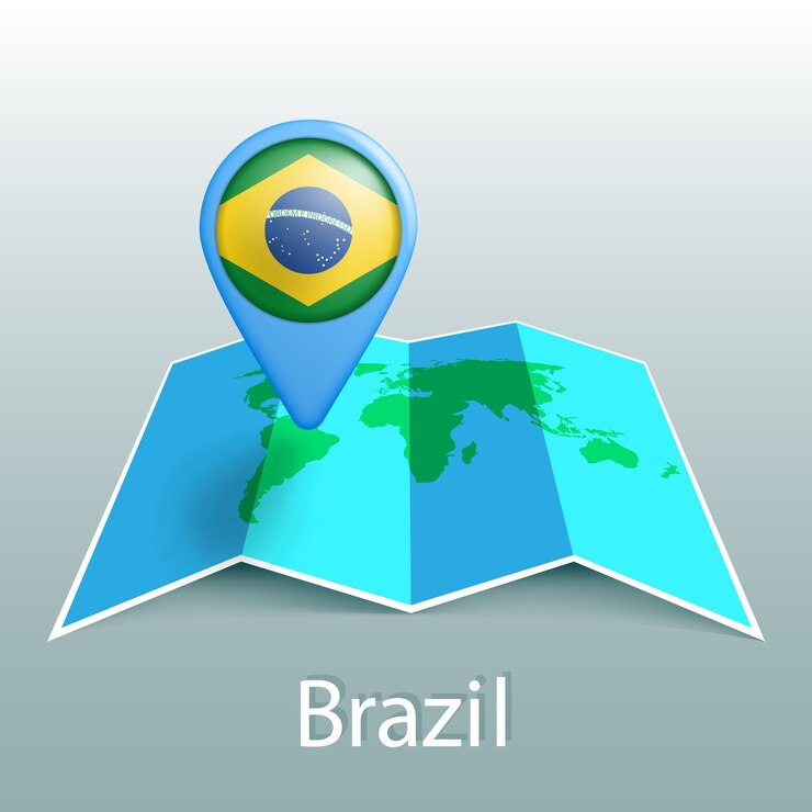Mapa-múndi da bandeira do Brasil em um alfinete com o nome do país em fundo cinza