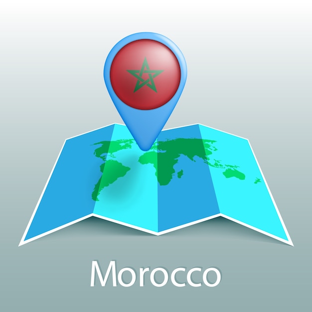 Mapa-múndi da bandeira do marrocos em um alfinete com o nome do país em fundo cinza