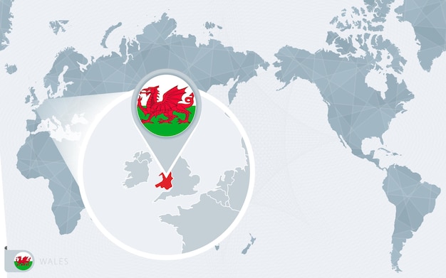 Mapa mundial centrado no pacífico com bandeira ampliada do país de gales e mapa do país de gales