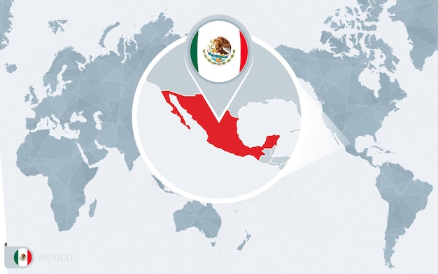 Mapa mundial centrado no pacífico com o méxico ampliado. bandeira e mapa do méxico.