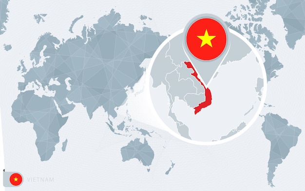 Mapa mundial centrado no pacífico com o vietnã ampliado. bandeira e mapa do vietnã.