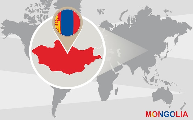 Mapa mundial com a mongólia ampliada. bandeira e mapa da mongólia.