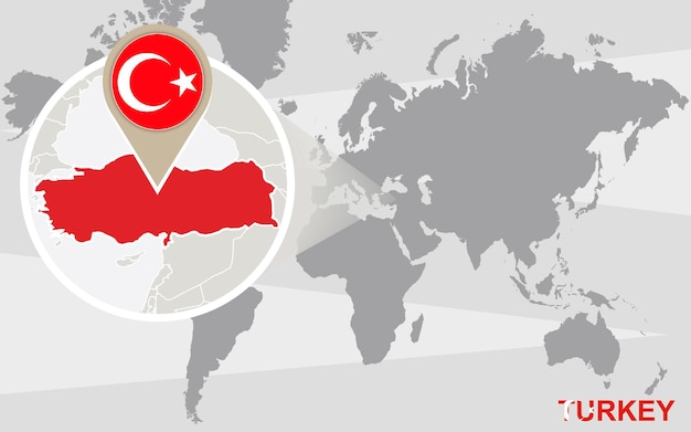 Vetor mapa mundial com a turquia ampliada. bandeira e mapa da turquia.