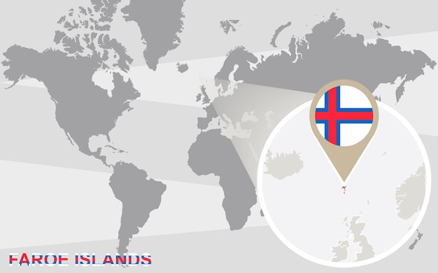 Mapa mundial com as ilhas faroé ampliadas. bandeira e mapa das ilhas faroé.