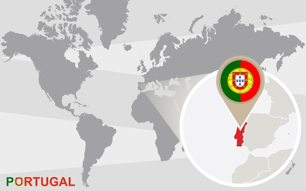 Mapa mundial com portugal ampliado. bandeira e mapa de portugal.