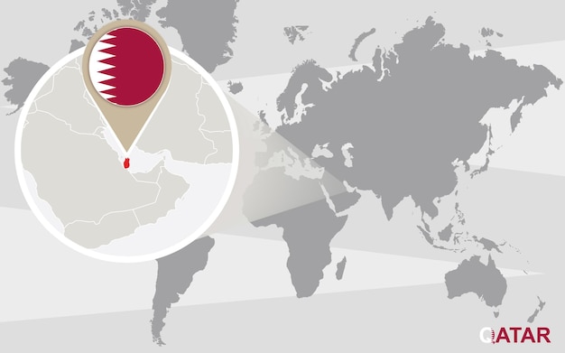 Vetor mapa mundial com qatar ampliado. bandeira e mapa do qatar.