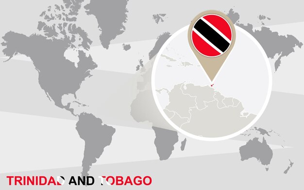 Mapa mundial com Trinidad e Tobago ampliado. Bandeira e mapa de Trinidad e Tobago.