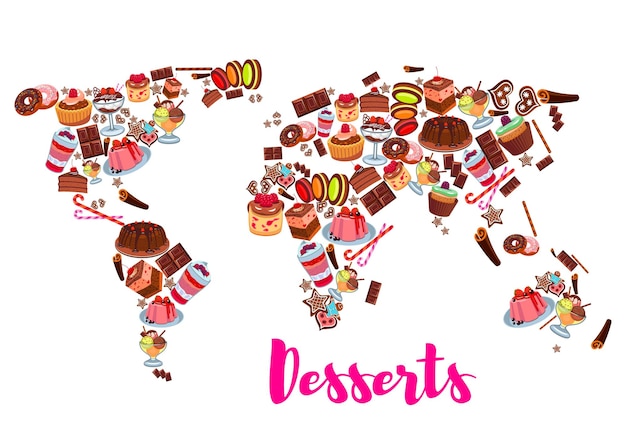 Mapa mundial de sobremesas de doces de donut de cupcake de bolo