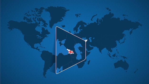 Mapa mundial detalhado com mapa ampliado fixado da geórgia e dos países vizinhos. bandeira e mapa da geórgia.