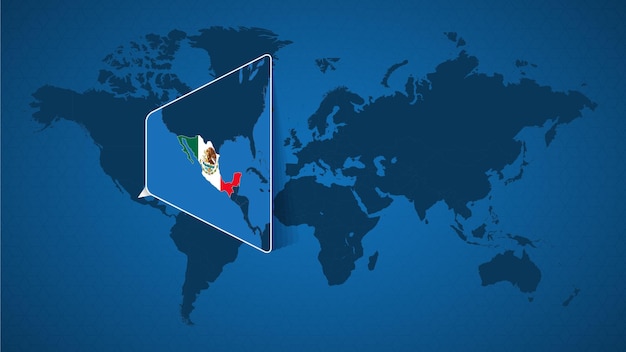 Mapa mundial detalhado com mapa ampliado fixado do méxico e dos países vizinhos. bandeira e mapa do méxico.