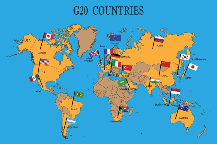 Vetor mapa mundial dos países do g20 com bandeiras membro do grupo g20 de vinte países bandeiras com nomes