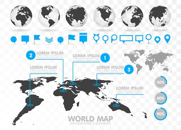 Mapa mundial e globo 3d com elementos de infográficos. informações de design, gráfico de negócios e gráfico. ilustração vetorial