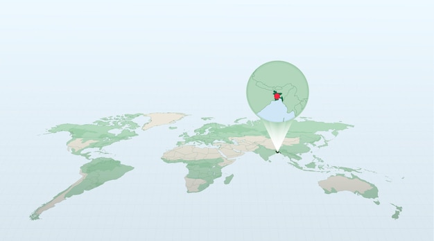 Mapa mundial em perspectiva mostrando a localização do país bangladesh com mapa detalhado com bandeira de bangladesh