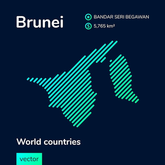 Mapa plano de néon vetorial de brunei com textura listrada de turquesa verde menta em fundo azul escuro