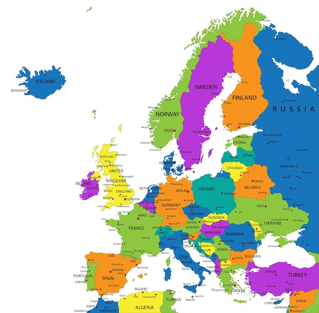 Vetor mapa político colorido da europa com ilustração vetorial de camadas separadas claramente rotuladas