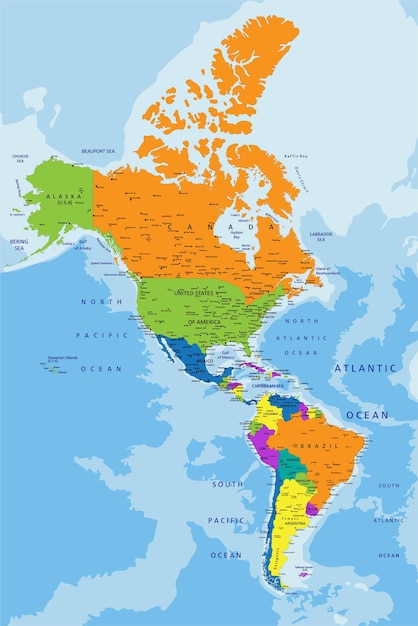 Vetor mapa político colorido das américas com ilustração vetorial de camadas separadas claramente rotuladas