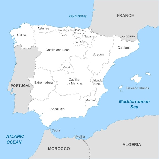 Mapa político da espanha com fronteiras com fronteiras de regiões