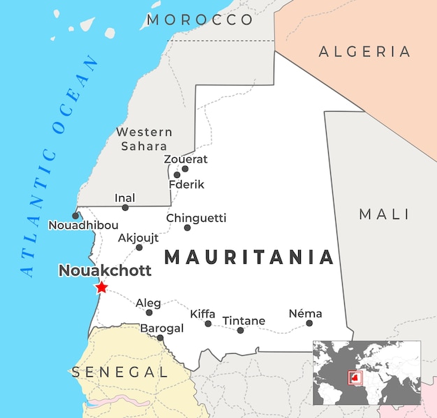 Vetor mapa político da mauritânia com capital nouakchott cidades mais importantes com fronteiras nacionais