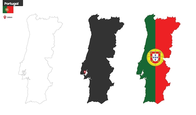 Mapa político de portugal com bandeira nacional de lisboa da capital e país europeu das fronteiras