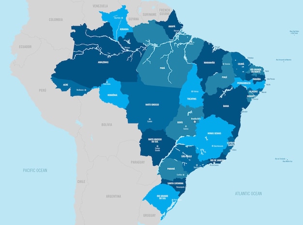 Vetor mapa político do brasil américa do sul vector com províncias e departamentos isolados