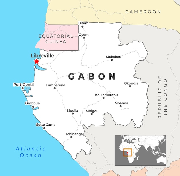 Mapa político do gabão com capital libreville cidades mais importantes com fronteiras nacionais