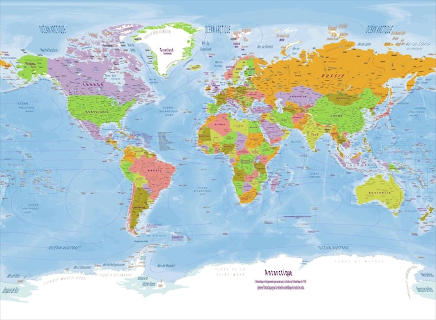 Vetor mapa político do mundo língua francesa projeção de miller