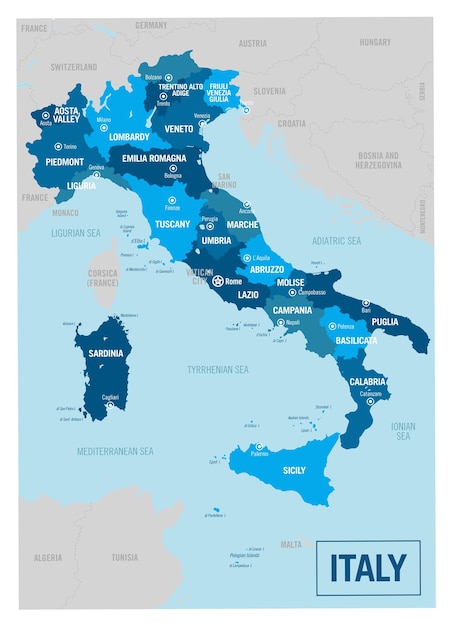 Mapa político do país e das regiões da Itália Ilustração vetorial altamente detalhada com províncias isoladas